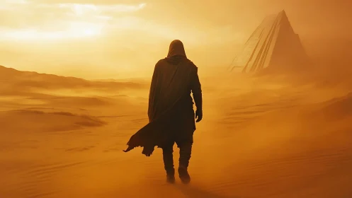 Cloaked figure walks through orange desert toward distant monument