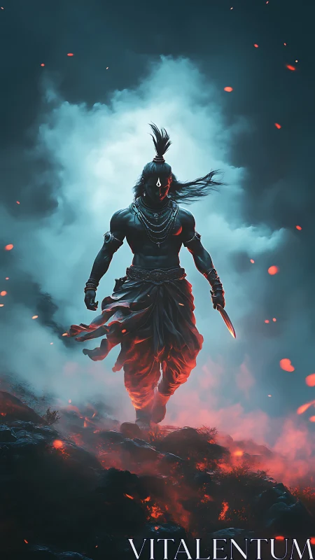 Stormlit warrior strides through embers and rising mist.