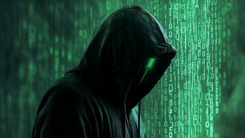 Hooded cyber figure drifting through glowing green code.