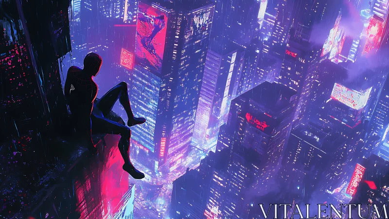 Cyberpunk vigilante overlooking neon-drenched megacity at night.