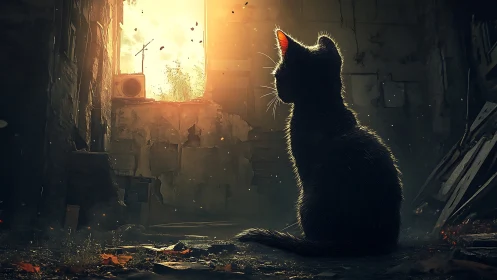 Curious black cat watching golden sunlight pour in.