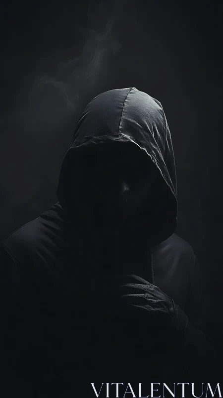 Hooded shadowed figure stands in deep low key darkness