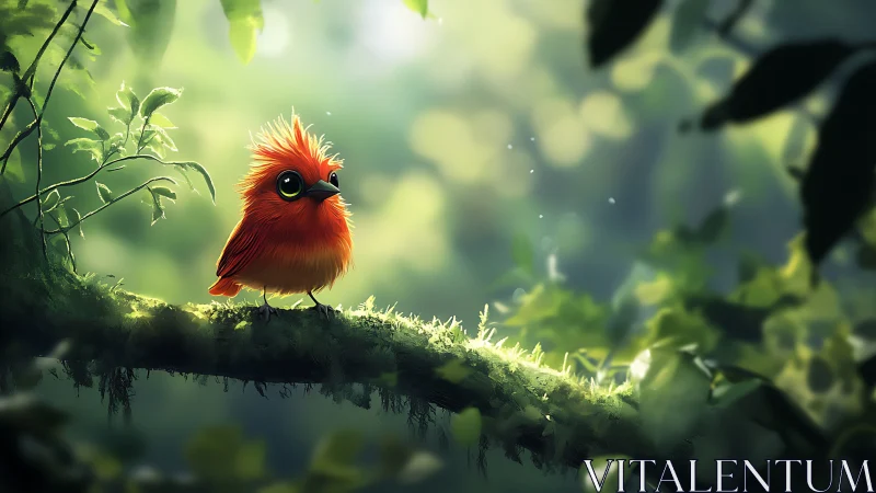 Adorable Red Cartoon Bird on Mossy Branch in Lush Forest Setting.