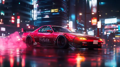 Red drift car in neon city street under heavy rain.