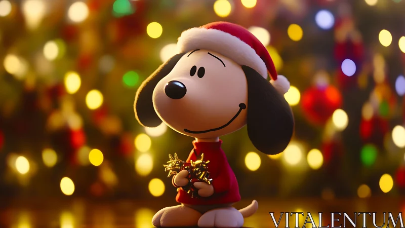 Cartoon dog in Santa hat amid glowing holiday bokeh.
