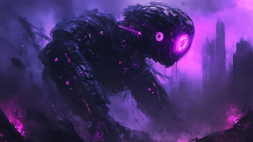 Colossal mech titan storms neon wasteland skyline. Period.