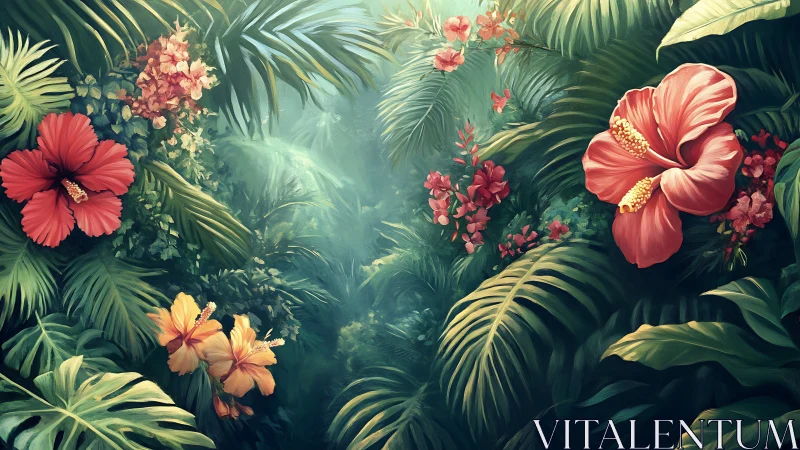 Tropical flowers and palm fronds rendered in digital painting composition