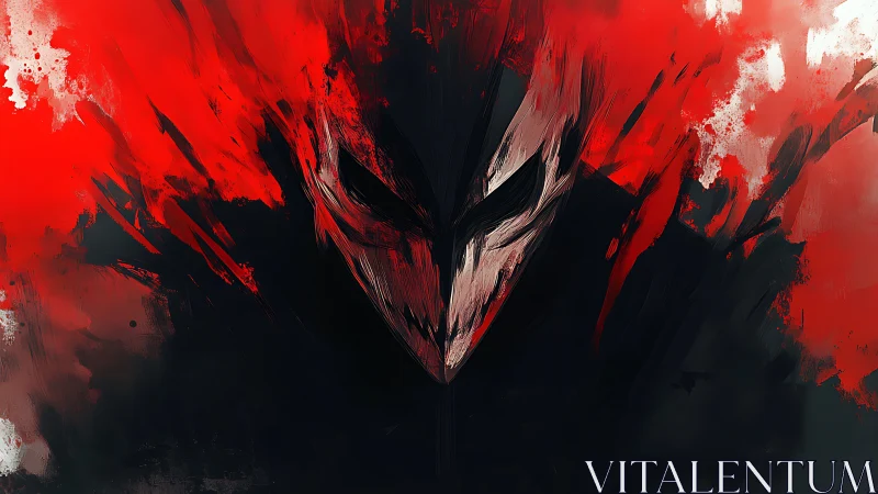 Masked figure emerging from abstract red and black chaos.