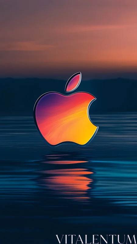 Colorful tech logo over water with calm sunset backdrop.