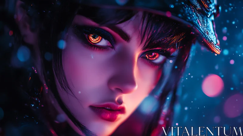 Cyberpunk heroine gazes ahead with neon-lit, fiery eyes.
