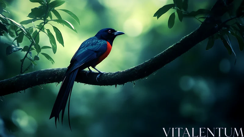 Elegant tropical bird with vibrant plumage on branch, digital art.