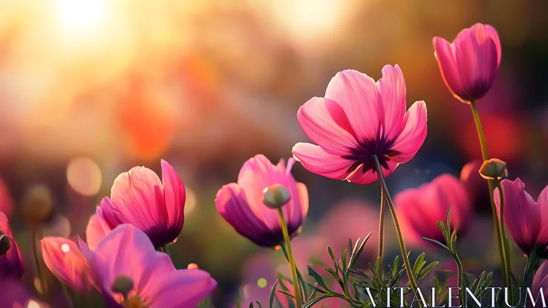 Backlit pink cosmos blossoms rendered in soft bokeh light