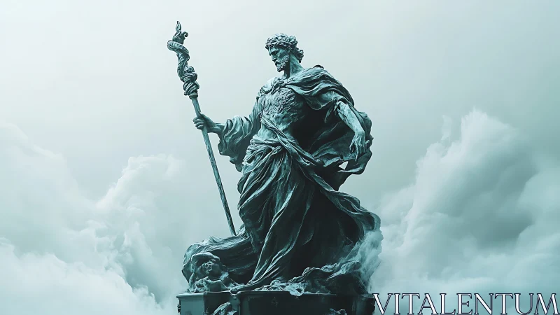 Stormy bronze deity statue rising above dense clouds.