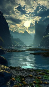 Digital river valley under oversized sun and dense clouds