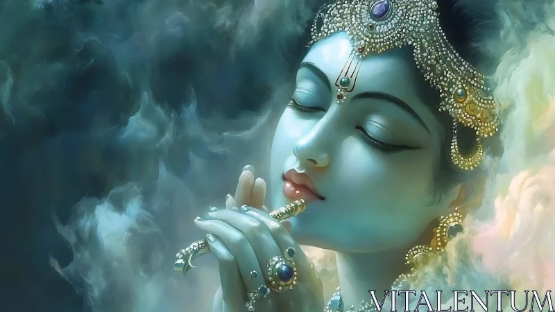 Gentle celestial musician rests in jeweled, cloudlit calm