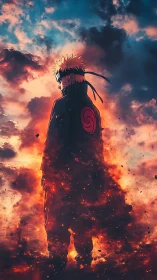 Sky-scorched ninja strides through embers toward destiny