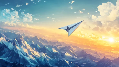 Paper plane glides above sunlit mountains at dawn.