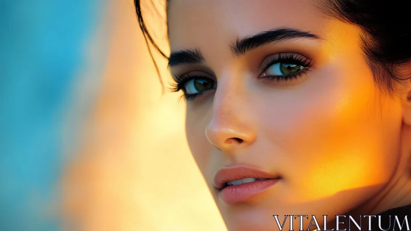 Hyperreal close-up portrait in warm sunset rim lighting