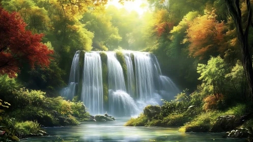 Sunlit forest waterfall surrounded by lush autumn trees.