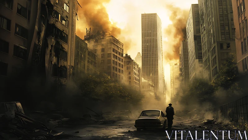 Post-apocalyptic urban street with damaged high-rise buildings.