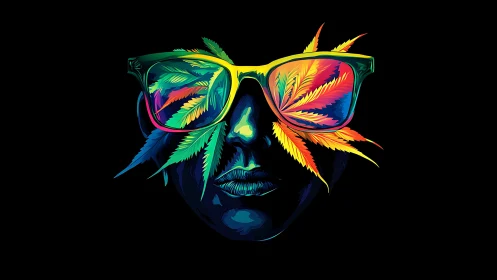 Colorful cool face with neon glasses and leaf reflections.