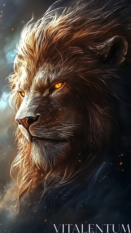 Fiery-eyed lion portrait rendered in dramatic digital realism