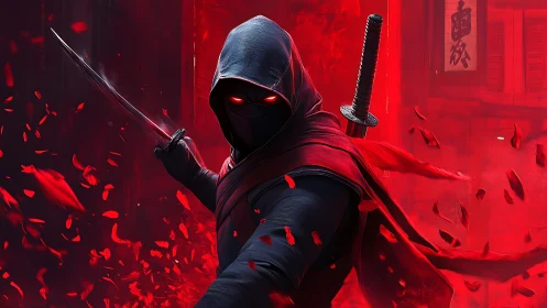 Hooded red-eyed ninja with katana in swirling red petals.