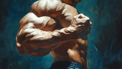 Oil-brushed colossus flexing under stormy teal light.