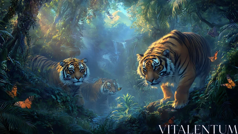 Tigers and Cub in Mystical Jungle Sanctuary.