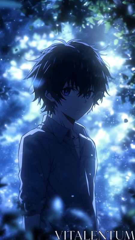 Quiet twilight boy under shimmering blue forest light.
