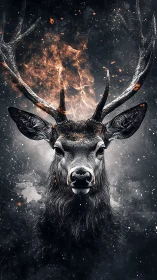 Stag portrait with burning antlers on dark cosmic backdrop.
