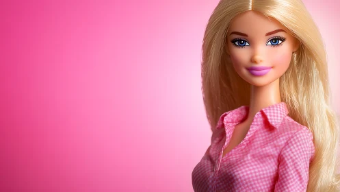 Blonde fashion doll in pink gingham shirt on vibrant pink background.