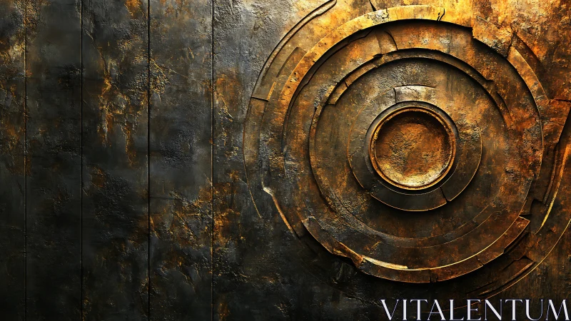 Rust-textured circular relief with industrial concentric rings.