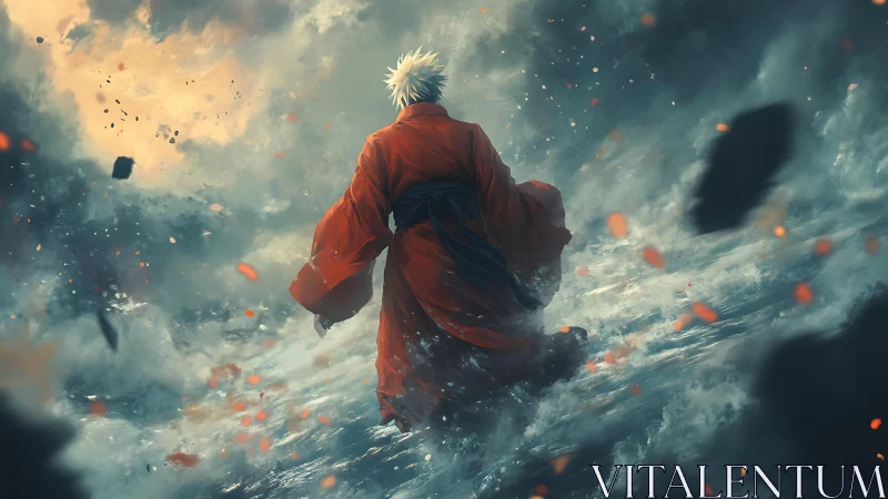 Solitary warrior in red robe crossing storm-tossed seascape