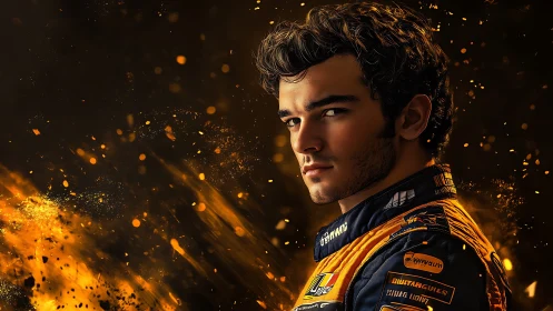 Portrait of racing driver with orange abstract sparks backdrop.