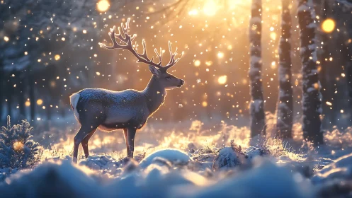Starlit stag pauses in a snowlit forest cathedral.