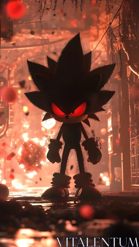 Dark hedgehog silhouette stands in fiery industrial corridor
