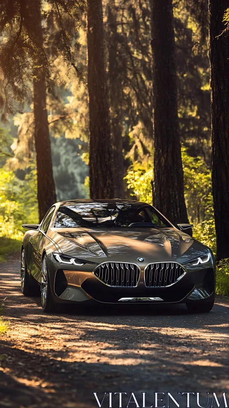 Low-slung metallic BMW concept coupe on forest gravel road