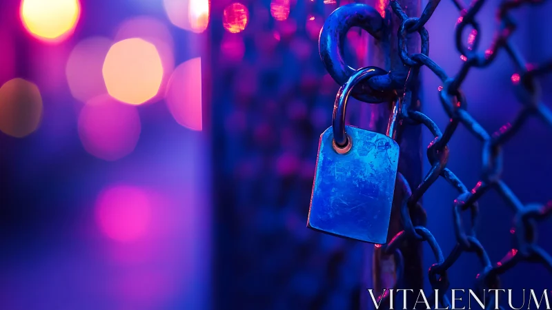 Metal padlock grips chain under neon purple bokeh glow.