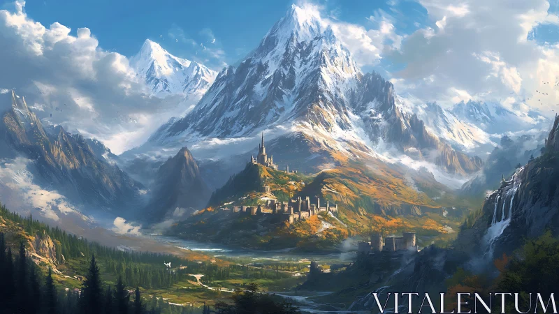 Mountain valley fortress settlement in detailed fantasy landscape.