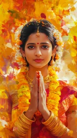 Graceful Indian woman in festive prayer pose radiates warmth.
