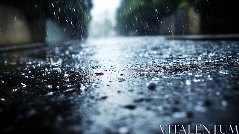 Macro street surface under heavy rainfall with shallow depth
