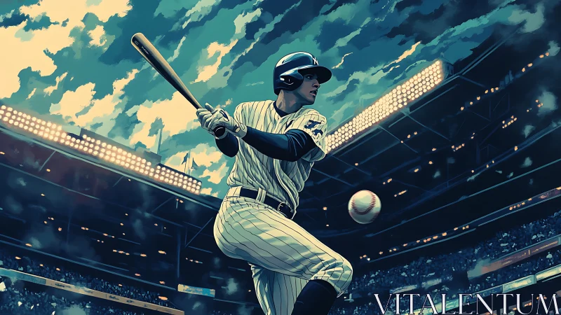 Floodlit thunder swing freezes time beneath stormy stadium skies