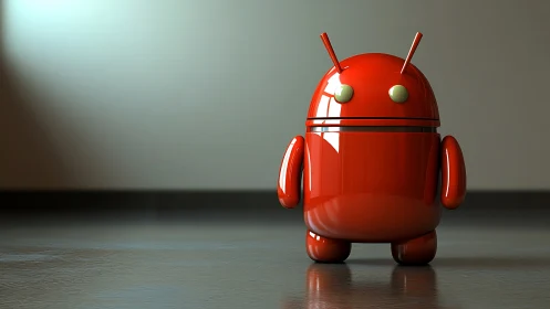 Glossy red android mascot render on reflective studio floor