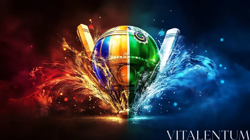 Bifurcated cricket helmet sphere in dynamic fire and water splash