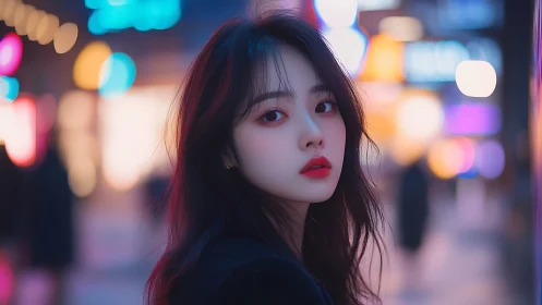 Young woman stands under neon city lights at twilight