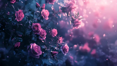 Luminous Pink Roses in Nocturnal Depth: Cinematic Floral Study.
