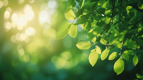 Sunlit Green Leaves in a Soft Focus Nature Photography Style.