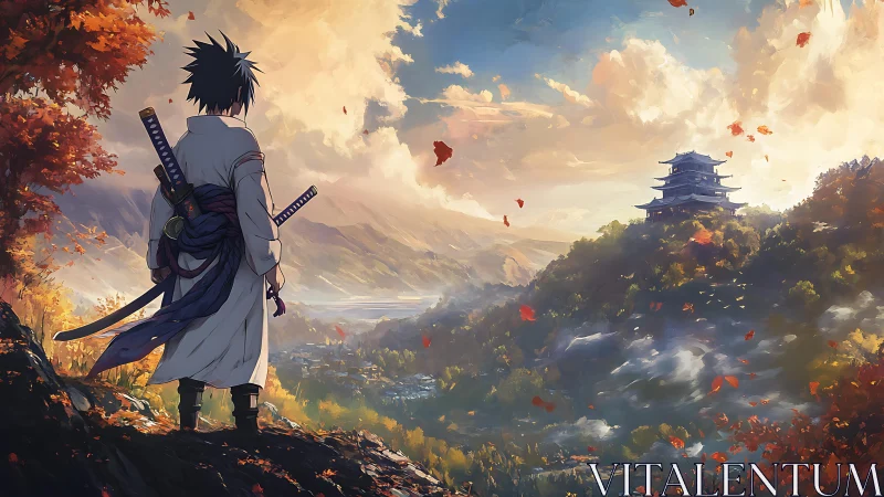 Lone swordsman surveys distant mountain temple at sunrise