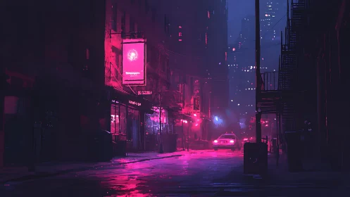 Neon lit urban alley with taxi on wet nighttime street.